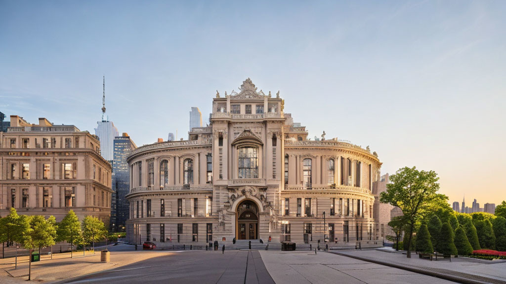 Neoclassical building with intricate façades and modern skyscrapers in the background