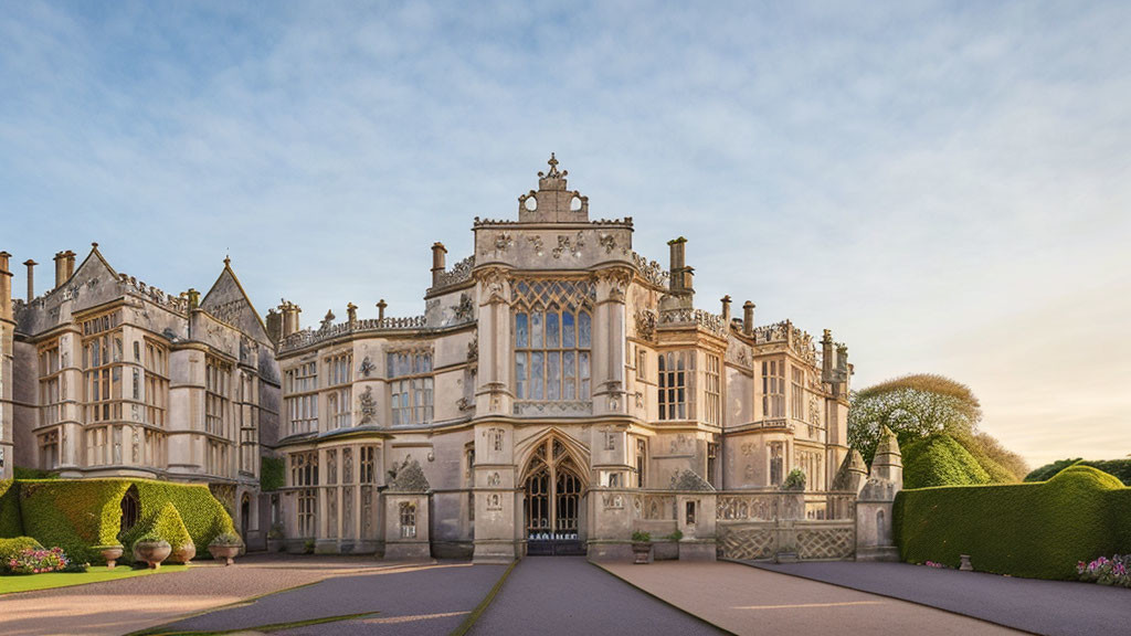 Historic mansion with intricate stonework in manicured garden at dusk