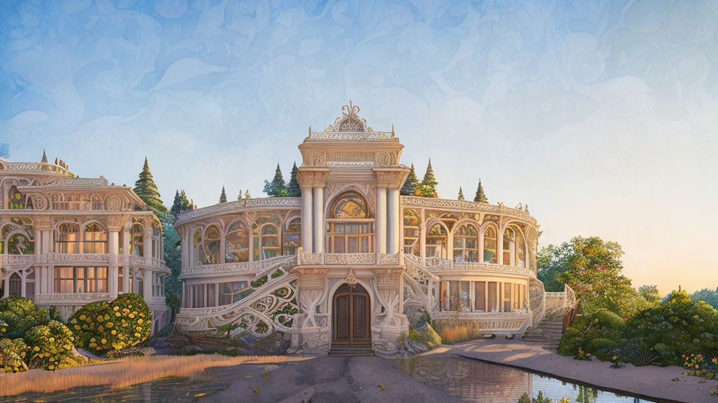 Ornate Palace Surrounded by Greenery and Sunlight