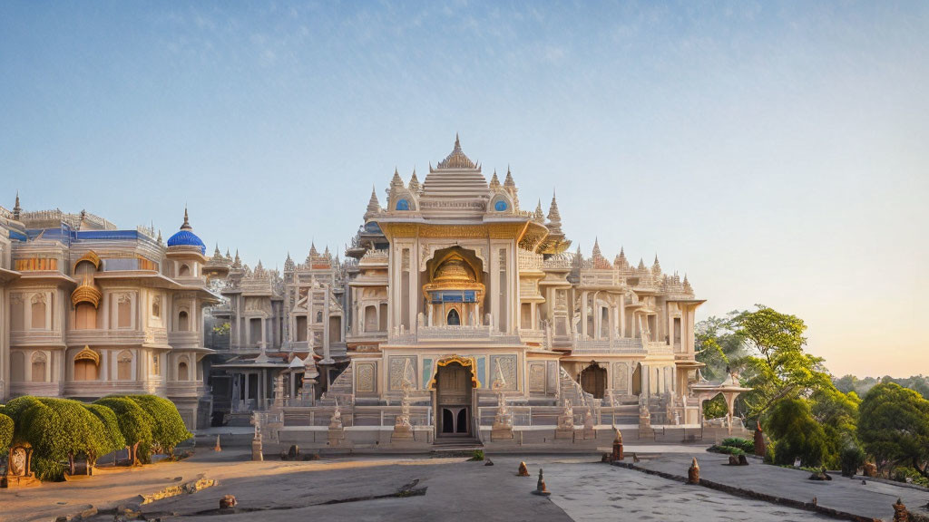 Majestic white palace with domes in serene landscape