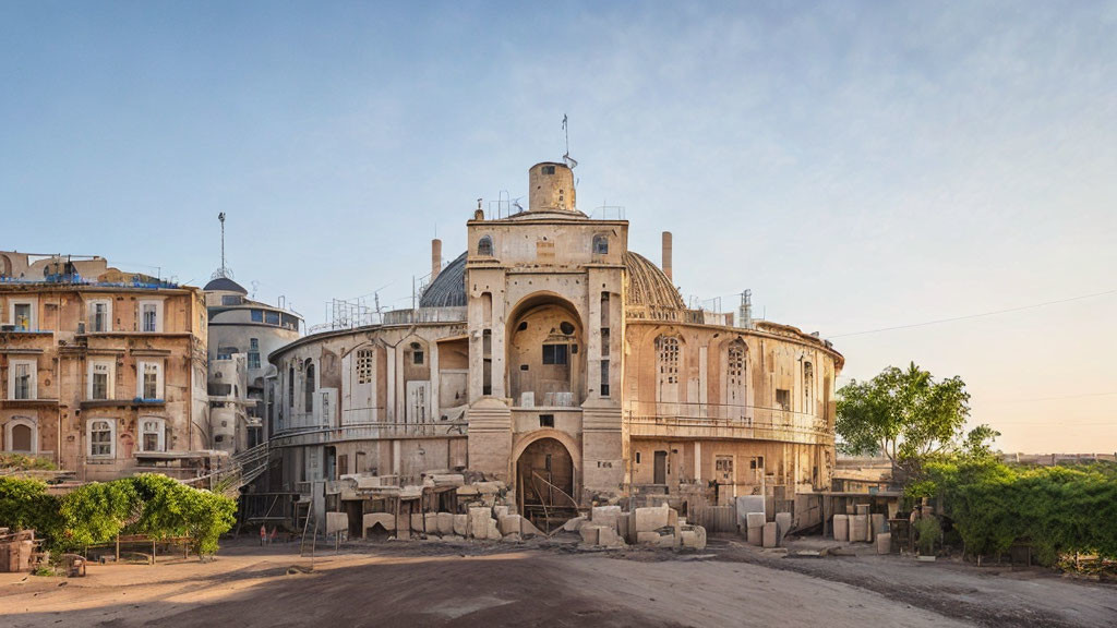 Historic architecture with carved stone facade and arched entrance in sunset setting