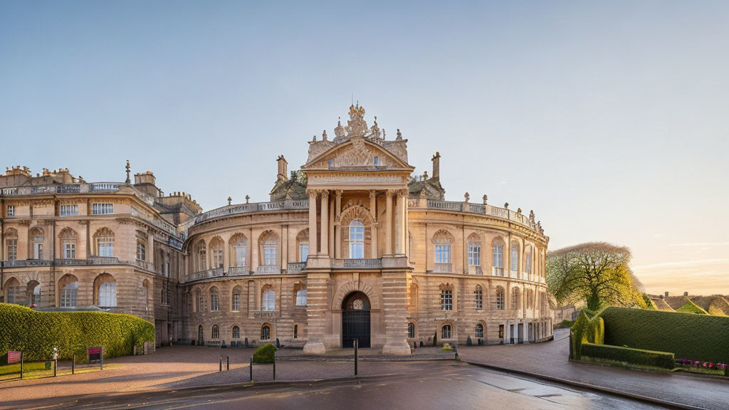 Ornate Baroque-style Palace with Grand Entrance and Trimmed Hedges