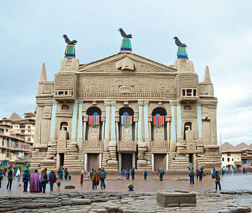 Group of People in Front of Ornate Sand-Colored Building with Cultural Motifs and Bird Statues