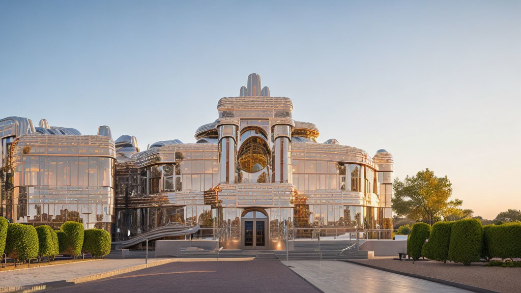 Modern building with metallic surfaces, glass domes, and golden accents at dusk