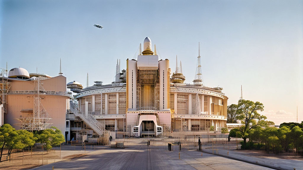 Futuristic gold-and-white building amidst industrial structures and aircraft in clear sky