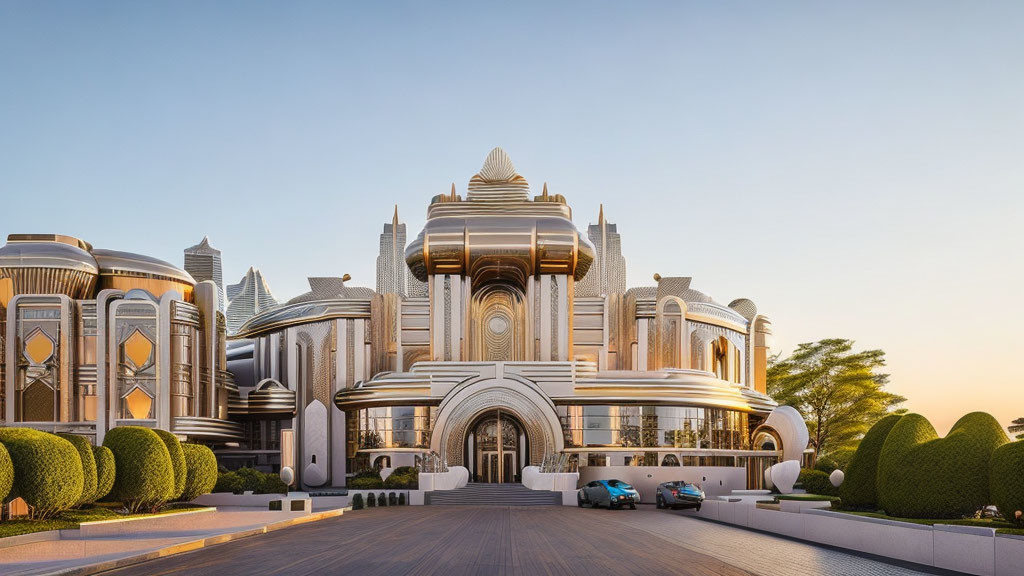 Luxurious Art Deco Building Surrounded by Gardens at Twilight