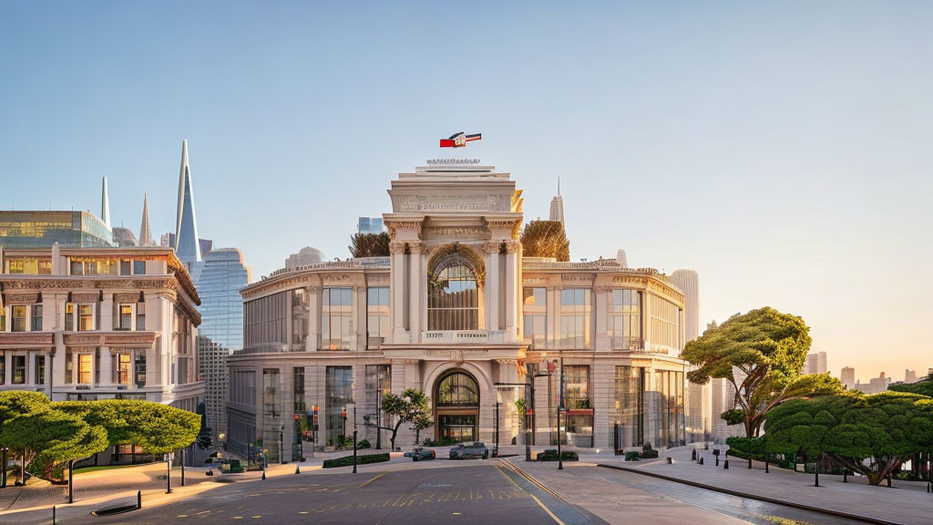 Grand classical building with flag, boulevard, and skyscrapers in backdrop