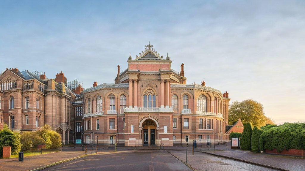 Historic building with classical facade, arched windows, and pediment on street corner under clear sky