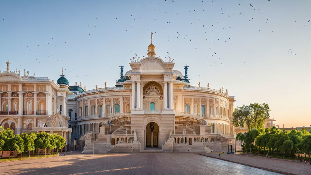 Ornate building with grand entrance and domes under clear sky