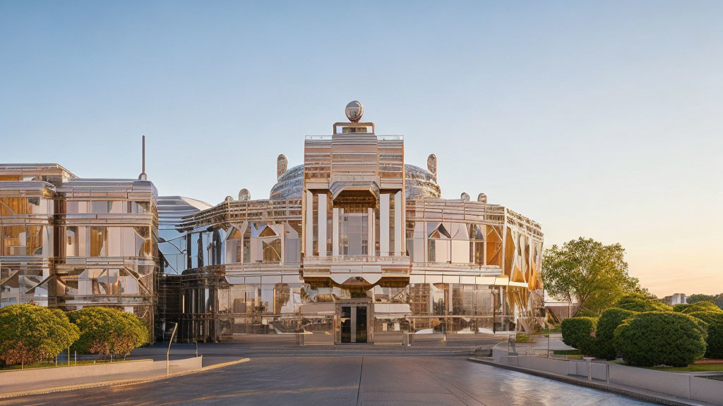 Glass-walled modern building with classical elements and dome in sunlight