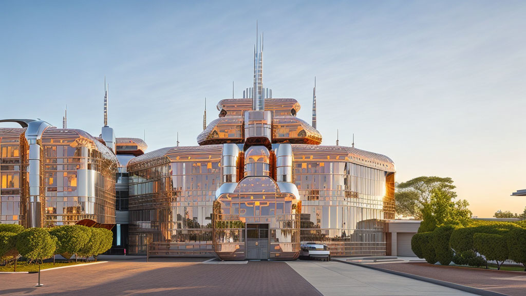 Modern building with glass domes, metallic structures, and spires under clear sky.