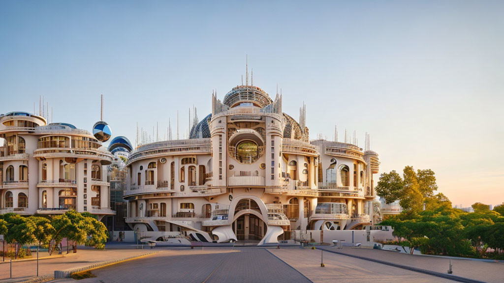 Futuristic building with spherical domes and intricate designs at sunset