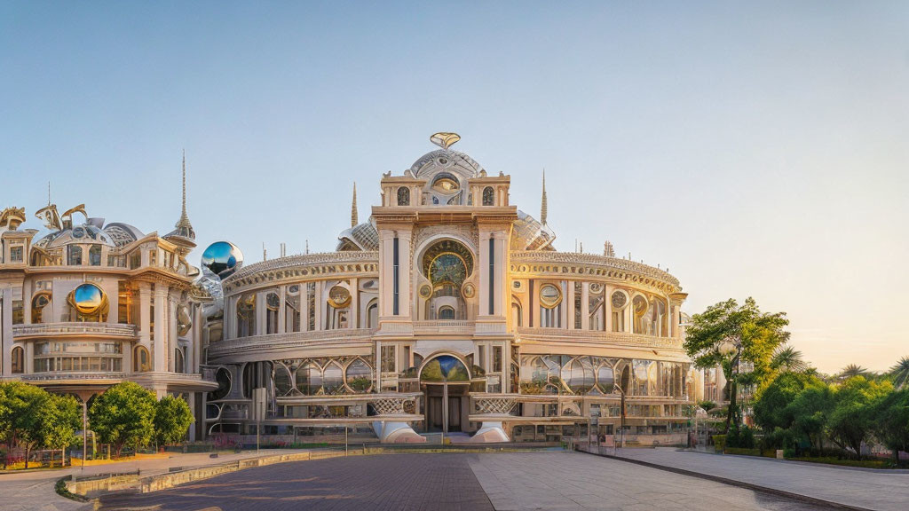 Opulent building with classical and modern architecture at sunset