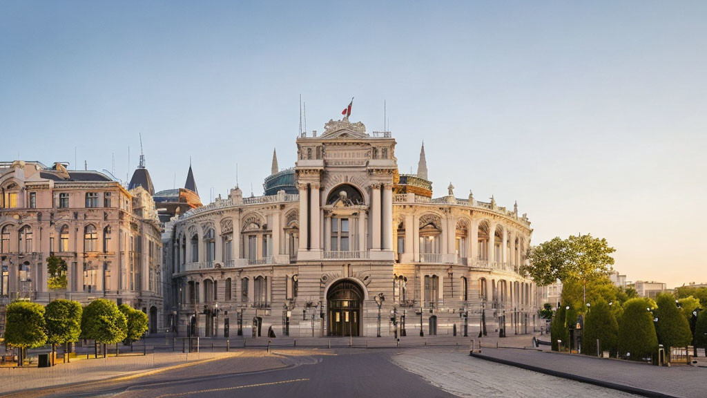 Ornate white building with archway, towers, and flag, surrounded by classical structures at dusk