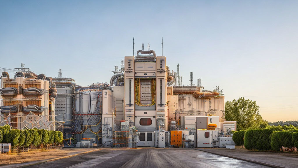 Industrial facility with storage tanks and pipes under clear sky