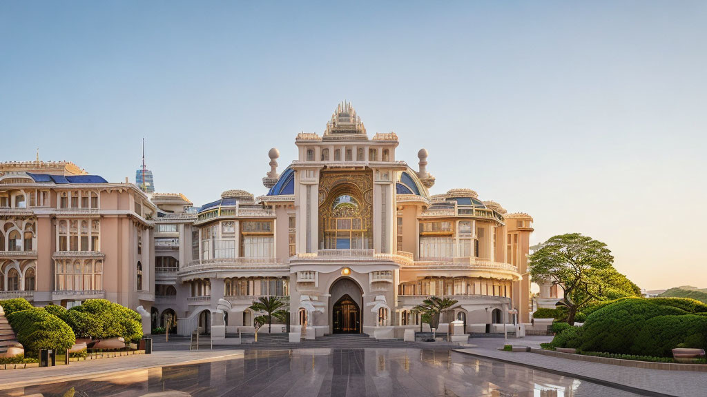 Majestic palace with classical architecture and domes under clear sky