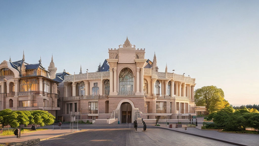 Historical building with arched windows and grand entrance at dusk