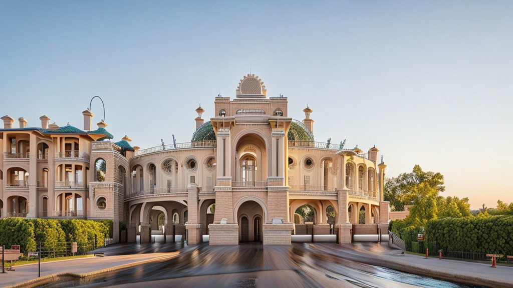 Magnificent palace with arches and domes at sunset