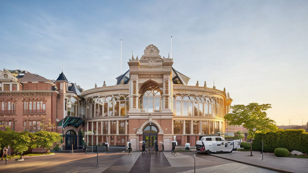 Historic ornate building with arches and crest in classical setting at dusk