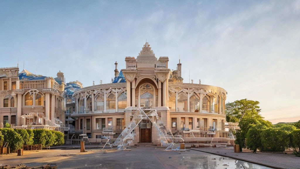 Historic building with grand staircase and arched windows at dusk