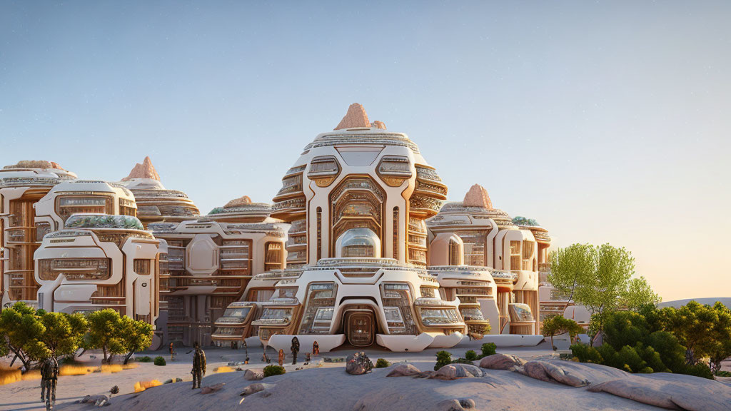 Bio-inspired architecture in futuristic desert city with lush terraces and sand dunes.