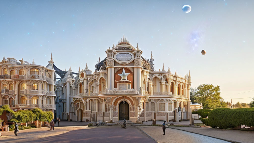 Elaborate architectural building under starry sky with moon, people walking by