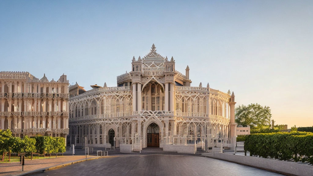 White Palace with Ornate Architectural Details at Dusk