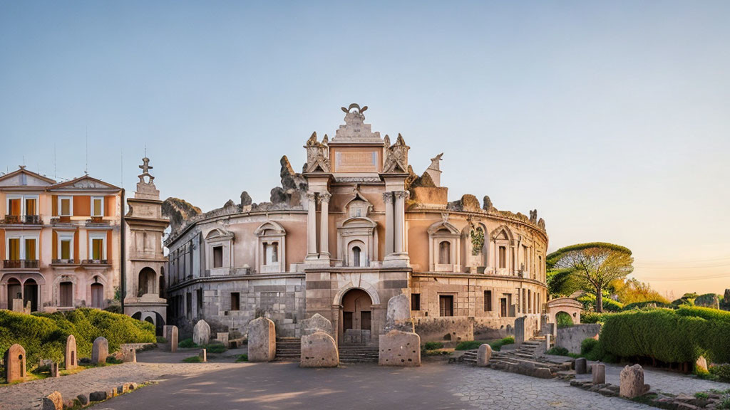 Symmetrical Baroque-style building with sculptural details at sunset