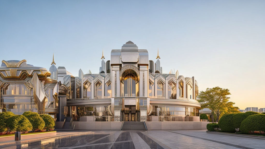 Modern building with metallic exteriors and central archway against dusk sky