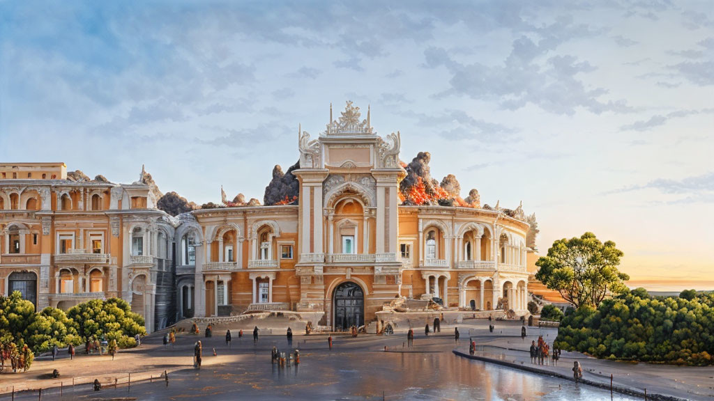 Baroque architecture building with erupting volcano and people walking