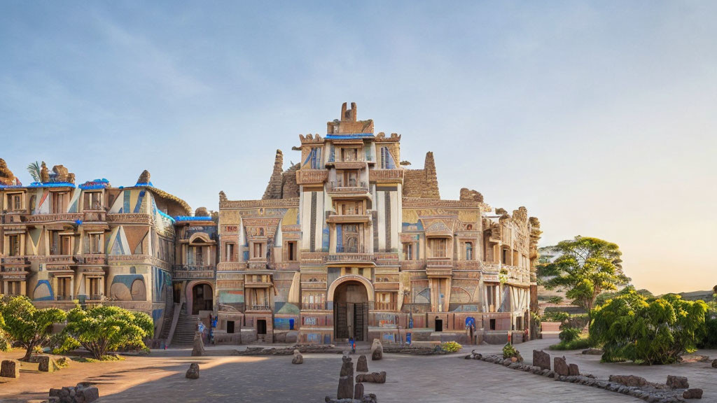 Traditional architectural building surrounded by palm trees and statues under clear sky