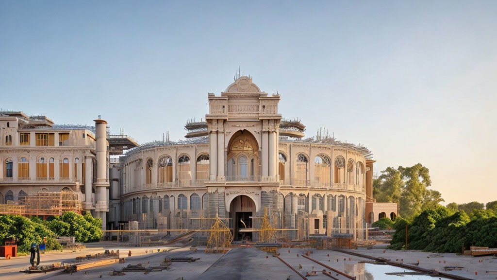 Historical palace undergoing restoration with scaffolding and construction materials.