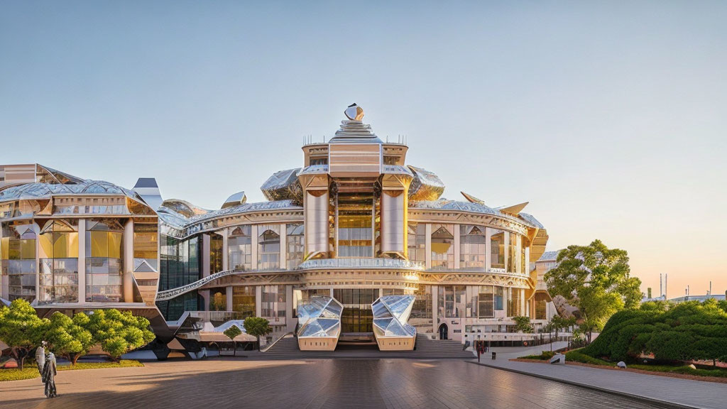 Modern building with geometric glass façades and golden dome in a serene setting