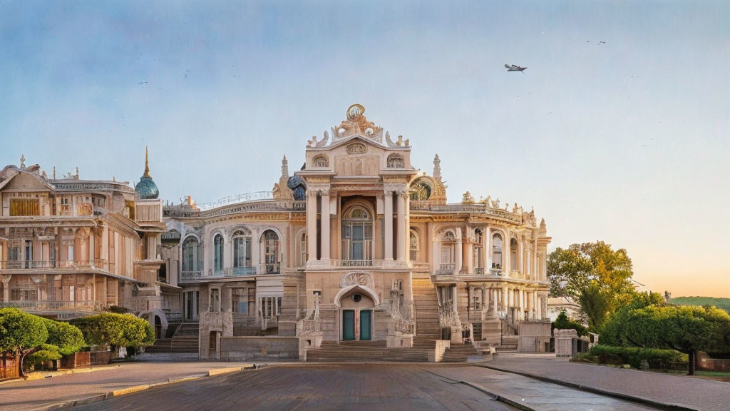 Historical building at dawn with clear skies and flying plane.