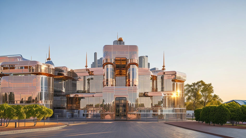 Modern building with reflective surfaces and cylindrical towers at sunrise or sunset