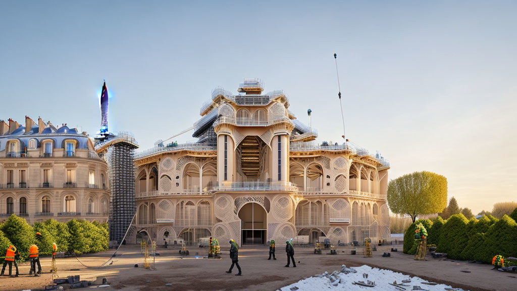 Historic Building Renovation with Scaffolding and Workers on Site