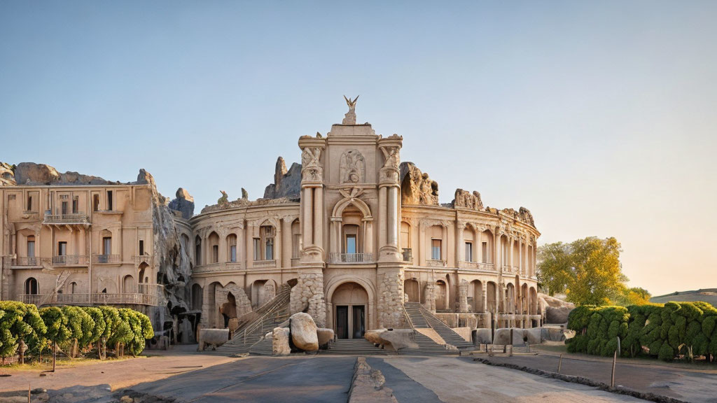 Classical building with sculptures and central statue under sunlight