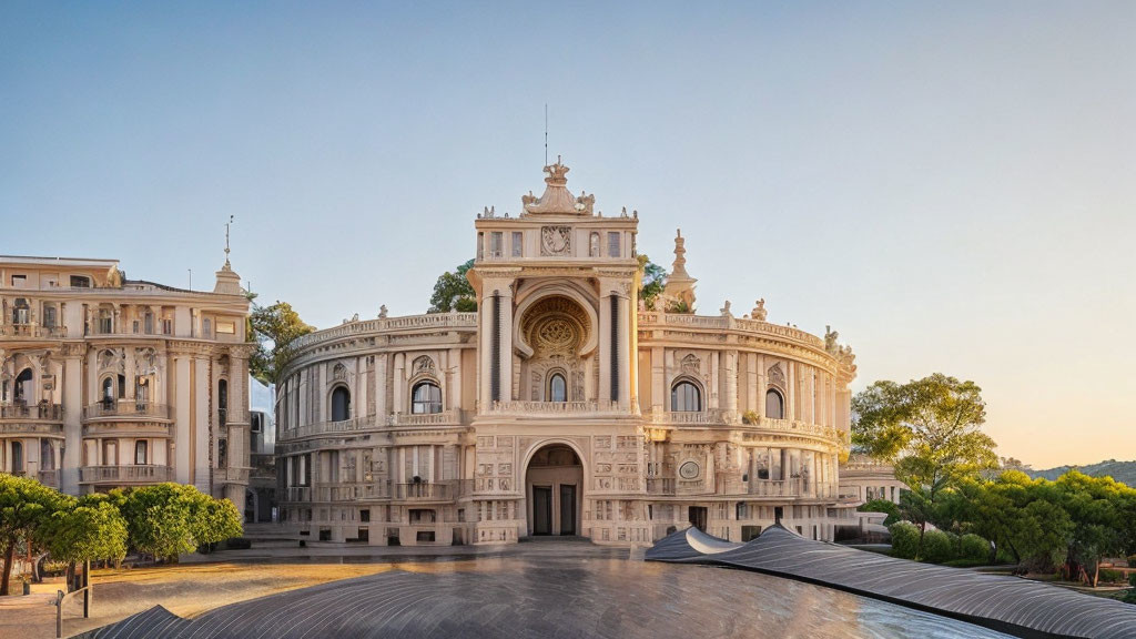 Classical architecture in spacious public square at golden hour