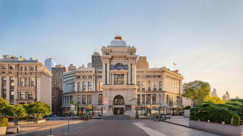 Historic building surrounded by modern and classic architecture in cityscape.