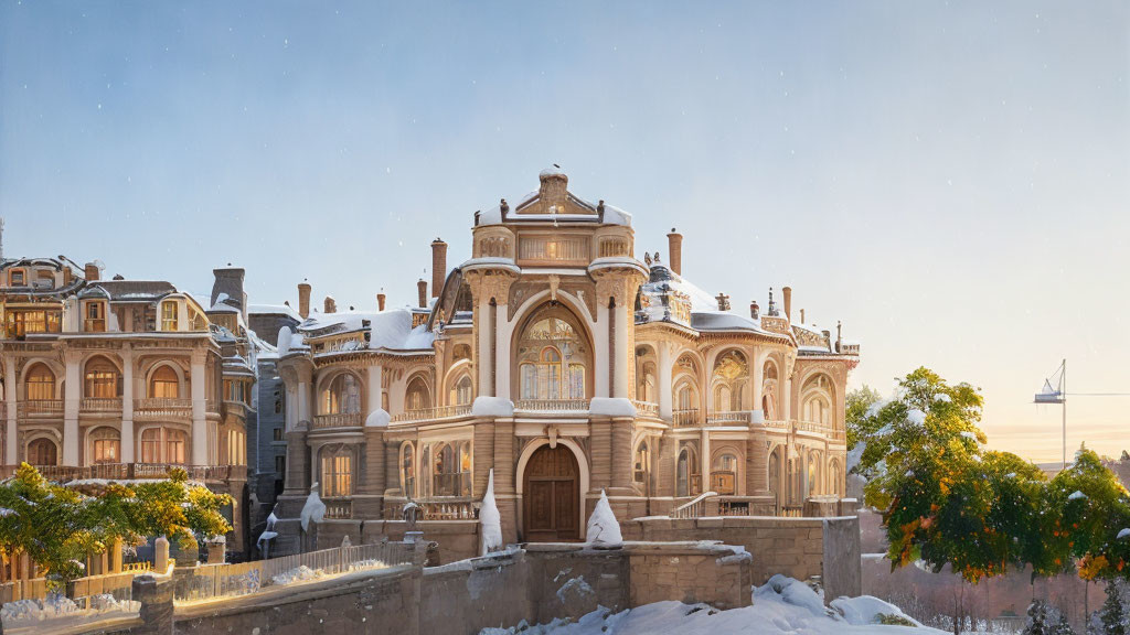 Snow-covered classical building with warm lights at dusk