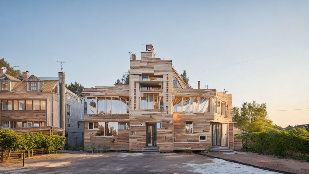 Modern multi-story wooden house under construction with exposed beams and large windows in suburban neighborhood at dusk