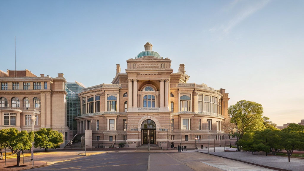 Neoclassical building with dome, columns, staircase, and modern wings at sunset