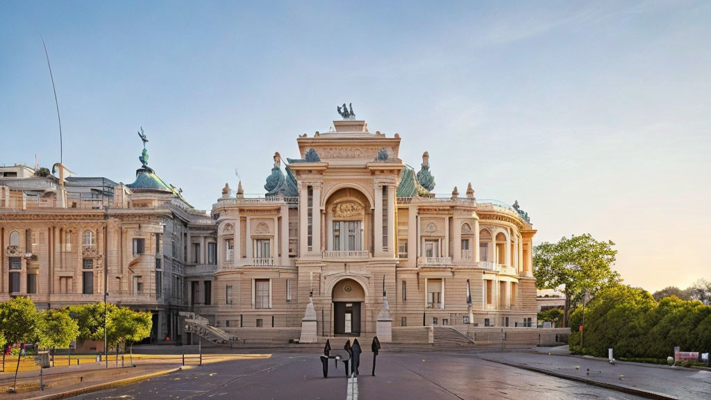 Neoclassical building with grand staircase and sculptures under clear sky