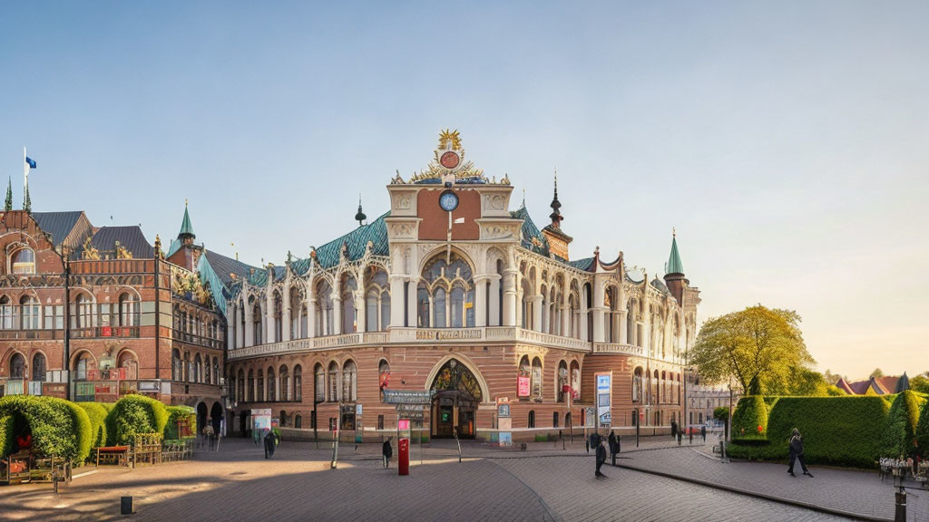 Historic building with arched windows and clock tower in panoramic view