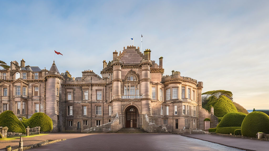 Historical castle with turrets, flags, ornate windows, manicured hedges, and blue