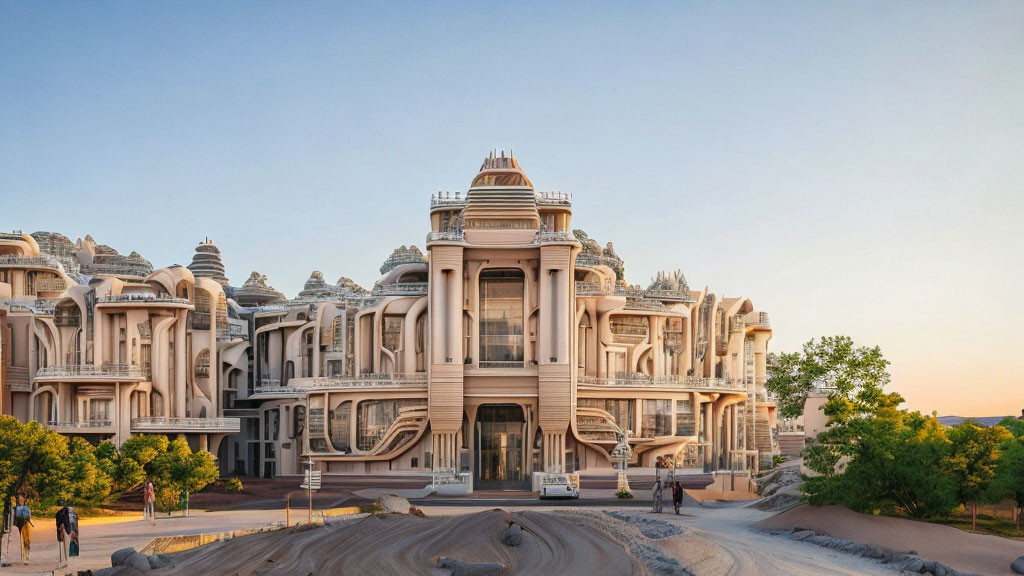 Opulent beige palace with intricate architecture at dusk