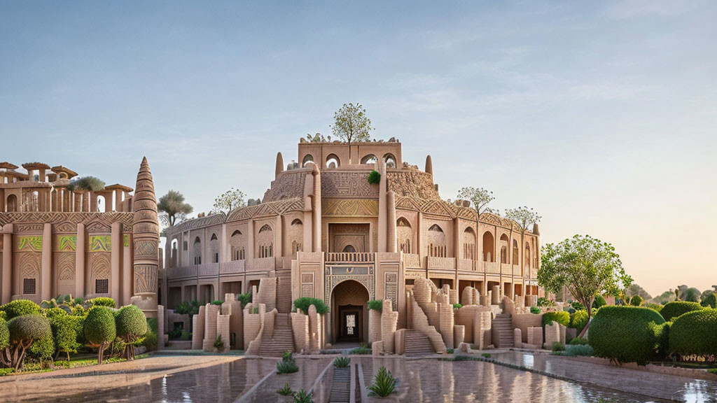 Ornate Middle Eastern Architecture with Arches and Water Feature at Dusk