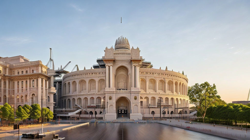 Neoclassical building with ornate façade and grand staircase at dusk