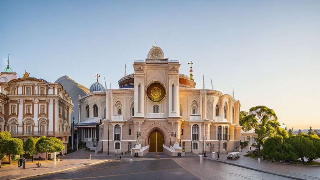 Ornate white building with gold accents and domes in urban setting