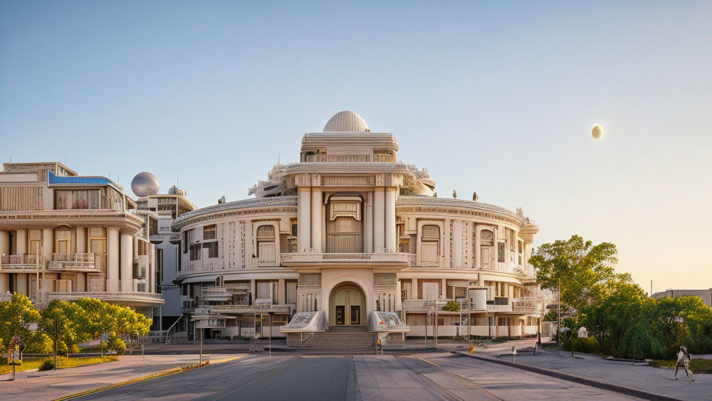 Grand neoclassical building with dome and columns in panoramic view at dusk